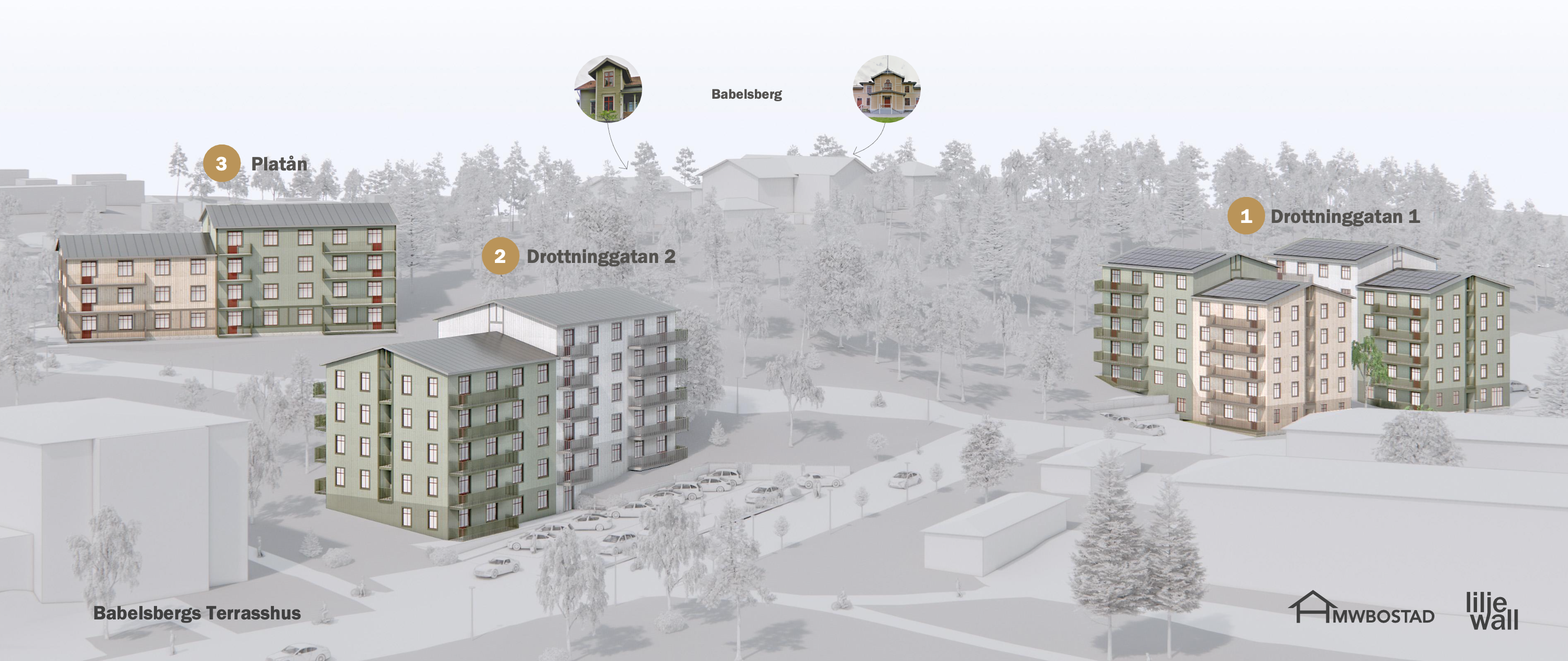 skiss på vart de nya husen Babelsberg ska ligga och kan se ut