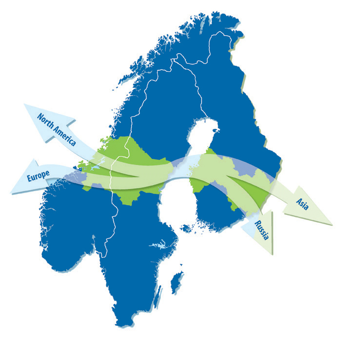 Den Mittnordiska transportkorridorens sträckning. Bild: Mittnordenkommittén.