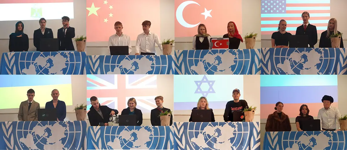 Bildcollage av flera ungdomar i par om två, bakom dem den flagga för landet de presenterar